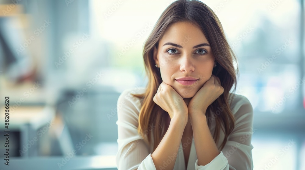 Canvas Prints A woman with long brown hair is sitting at a table with her hands on her knees