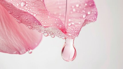 close-up, beauty background with pink petals strewn with drops on a white background, background for the presentation of a perfume or cosmetic moisturizing product