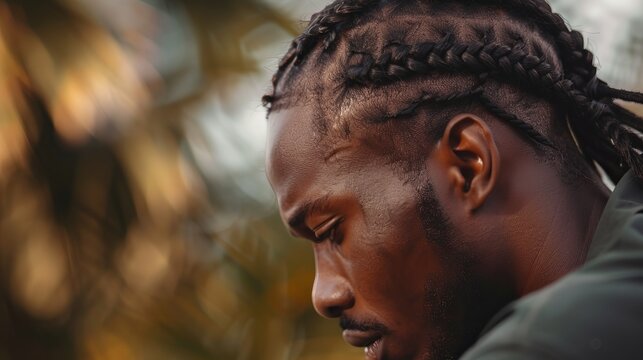 A pensive man sits with his head turned slightly, his face in close-up. His hair is braided into stylish, tight plaits.