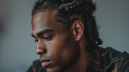 A pensive man sits with his head turned slightly, his face in close-up. His hair is braided into stylish, tight plaits.