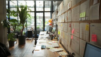Kanban wall in a tech startup office with active workflow
