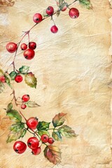 watercolor clipart of Cranberries on parchment page, vintage scrapbook page, copy space in center, for Junk Journal, Digital Paper, Printable Journaling page, 