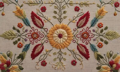 Fototapeta premium A hand-stitched floral design on a piece of fabric