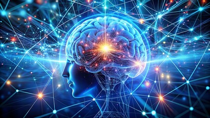 Fototapeta premium A holographic human brain connected to a network of computer nodes depicts the future of brain-computer interfaces.