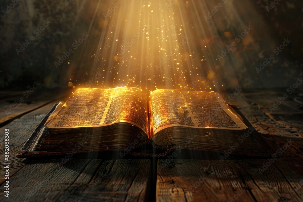 Leinwandbilder an open book on a wooden table with a bright light shining from within