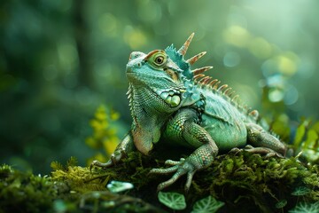 Fototapeta premium A cute iguana with green scales and spiky hair, sitting on moss in a forest, bathed in soft sunlight, surrounded by lush foliage