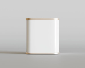 Tea tin square packaging on gray background 3D render illustration