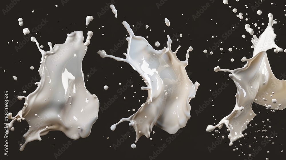 Poster A close-up view of milk splashes on a black background, great for illustrating abstract concepts or adding texture to designs