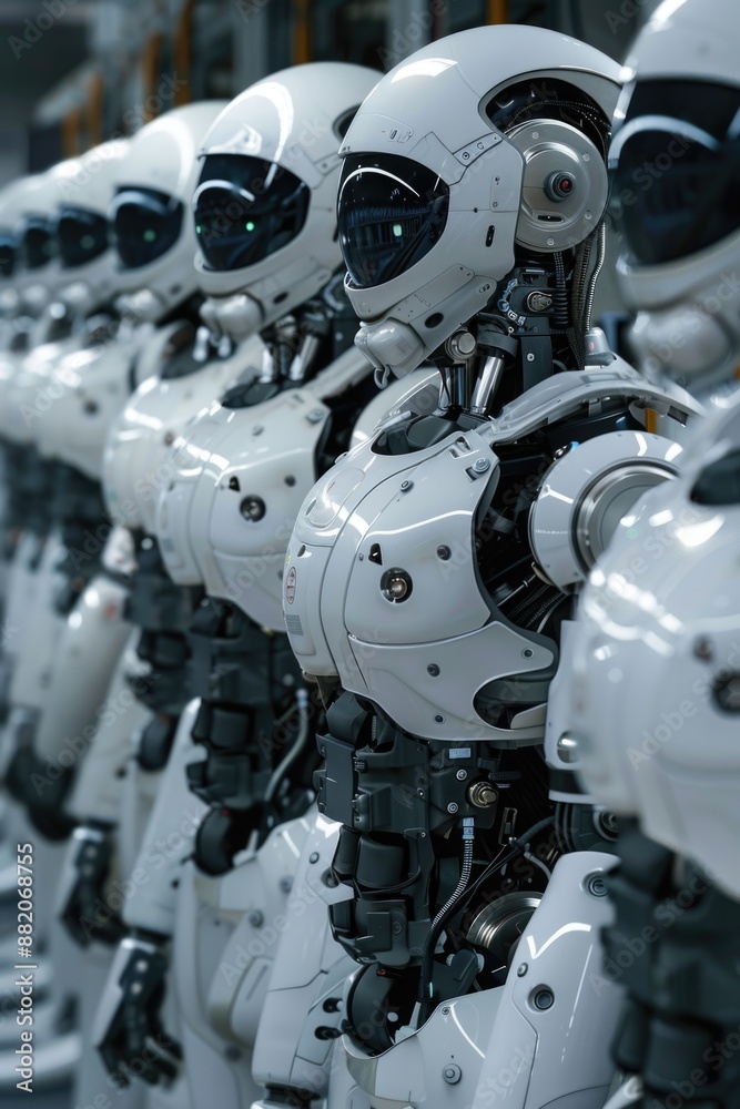 Aufkleber group of robots standing in a row, modern technology and innovation concept
