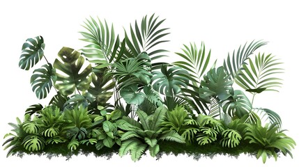 Lush green tropical plants bush (monstera, palm, rubber plant, pine and fern), cut out