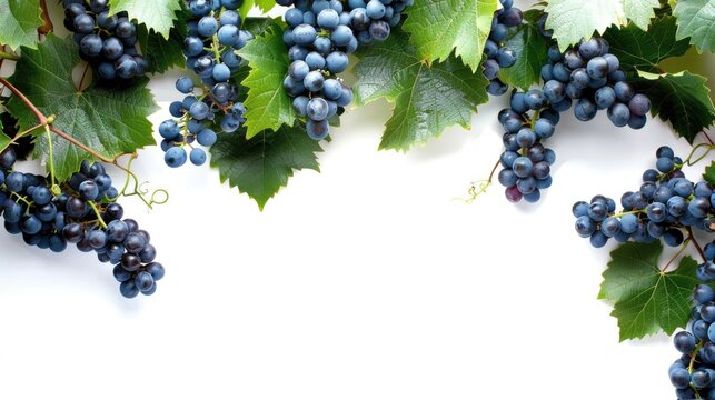 Grapes and vine leaves on white background with space for text View more grape leaf pictures