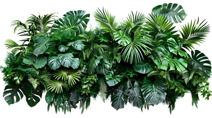 Lush green tropical plants bush (monstera, palm, rubber plant, pine and fern), cut out