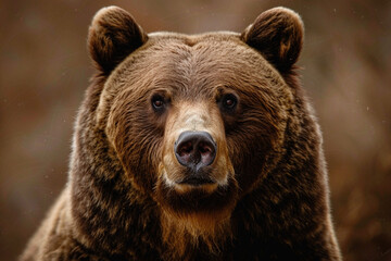 Fototapeta premium Close-up portrait of wild Brown Grizzly predator in the summer forest. Animal in natural habitat. Wildlife scene 