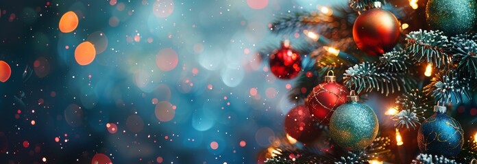 Decorated Christmas Tree With Red And Blue Ornaments And Lights
