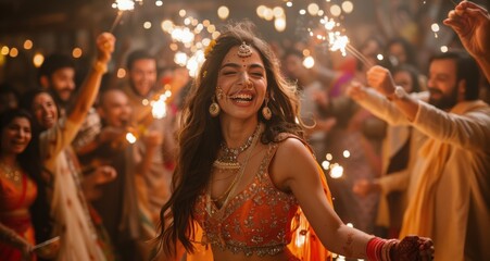 Smiling Bride Dancing With Guests During Indian Wedding Celebration