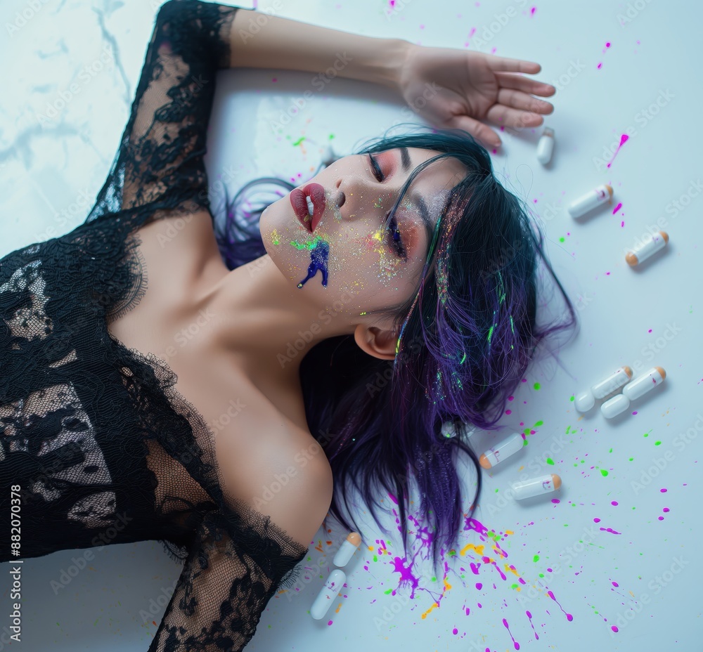 Poster a woman with colorful hair and makeup laying on the floor