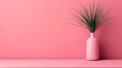 pink vase with plant on pink background 