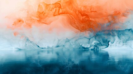 Abstract blue and orange watercolor background with water reflection.