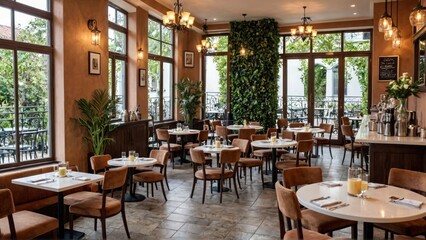 Warmly lit cafe interior with wooden chairs and tables creates a stylish dining space