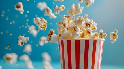 Delicious popcorn flying out of a red-white striped paper cup, cut out