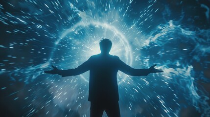 Fototapeta premium A Man Silhouetted Against a Blue, Glowing Light Sphere