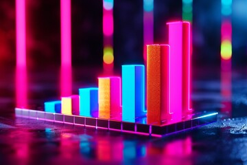 neon glow upward trend bar graph business chart success growth.