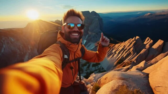 Man standing on the summit of a mountain and taking a selfie, smiling, and enjoying his achievements. Adventure, hiking. Perseverance, endurance, achievements