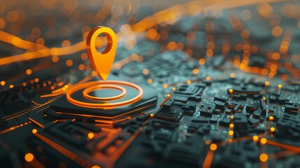 Fototapeta premium A hightech 3D location pin is set on a futuristic digital city map with glowing network connections