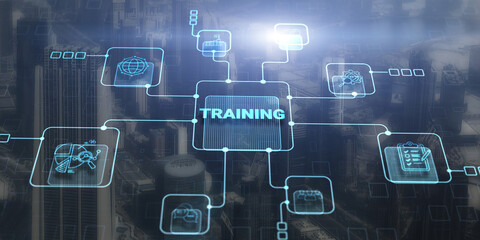 Business Training banner on city background. Training for learn skill productivity concept