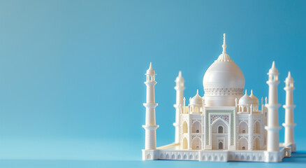 Obraz premium Miniature mosque isolated on blue background with copy space for Islamic celebration day ramadan kareem or eid al fitr adha
