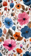 Vibrant Watercolor Floral Pattern: Stylized Flowers and Leaves