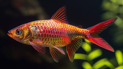 Fototapeta premium Vibrant Macro Shot of Cherry Barb Fish with Stunning Red Coloration and Scales Detail in Natural Light