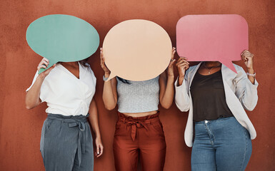 Business people, communication and social media with speech bubble, feedback or question on wall...