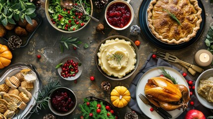 Classic Thanksgiving Spread Flat Lay with Turkey, Mashed Potatoes, Cranberry Sauce, and Pie on Festive Table - Realistic Holiday Dinner Photo