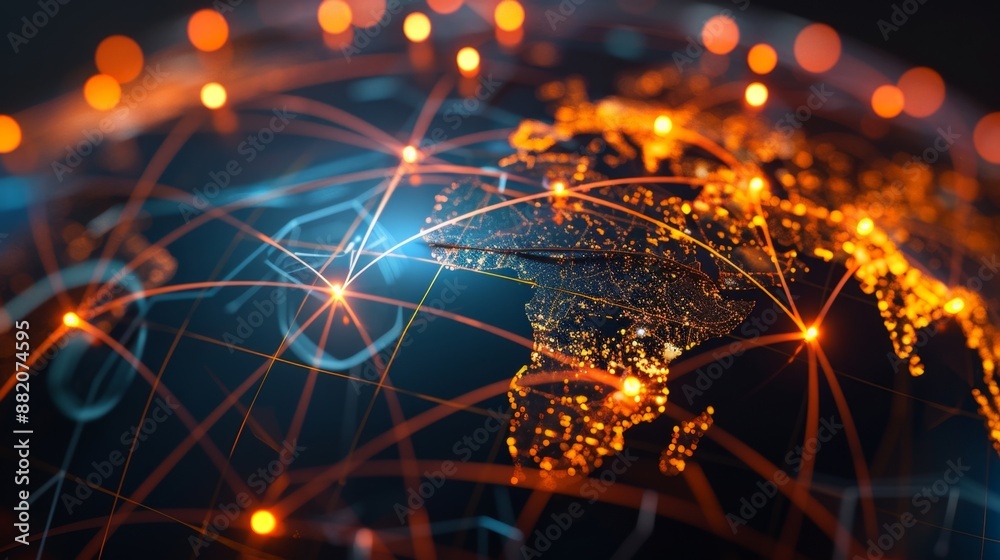 Wall mural digital globe routing modern telecommunication network connecting cities with lights