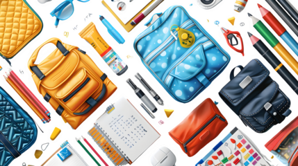 Kids school items, stationery collection, back to school essentials, educational tools and supplies, classroom materials for students, png file, isolated on white