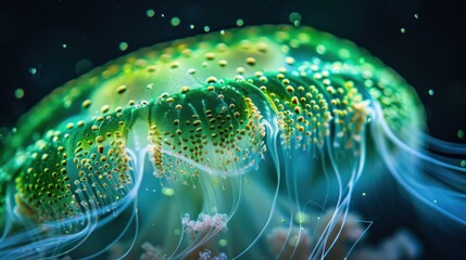 Iridescent Green Comb Jellyfish Close-Up: Mesmerizing Macro Shot with Natural Light Illumination