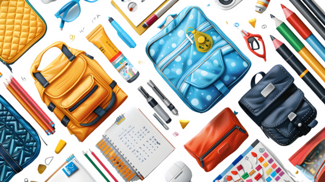 Kids school items, stationery collection, back to school essentials, educational tools and supplies, classroom materials for students, png file, isolated on white