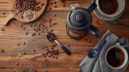 Naklejka premium Cozy Coffee Essentials Flat Lay: French Press, Beans, Mug, and Spoon on Wooden Surface | Realistic Coffee Lover Setup