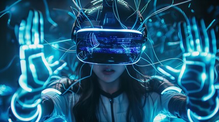 A woman gamer enters virtual reality with her futuristic suit and VR helmet. The dark action scene shows wires connecting to her sci-fi costume, representing the cyber technology of the future.