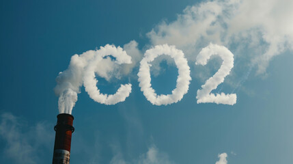 A photo of the text "CO2" written in white clouds floating above an industrial chimney, with a clear blue sky background.
