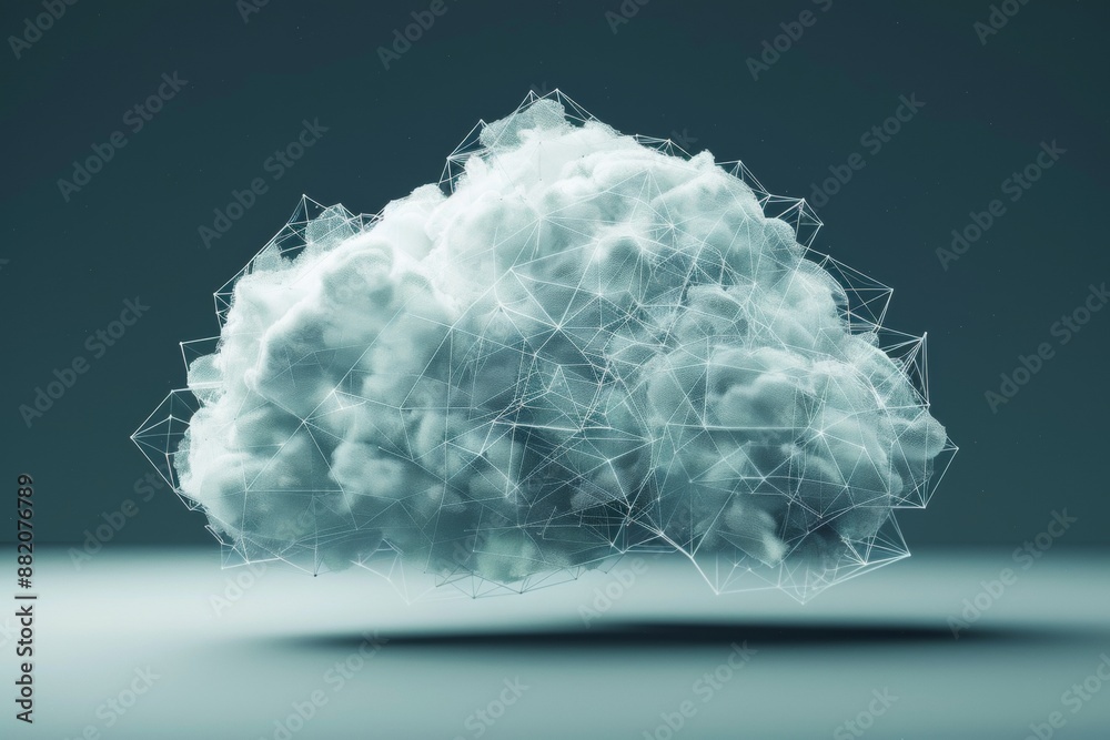 Poster a geometric cloud built from triangular wireframe elements, emphasizing its structured and modular n