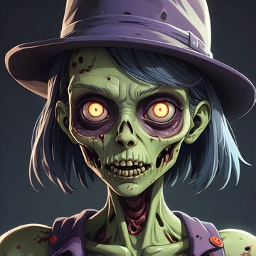Cartoon zombie girl with a hat and a zombie face generative ai