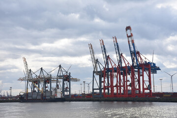 Cranes and containers in the Port of Hamburg.