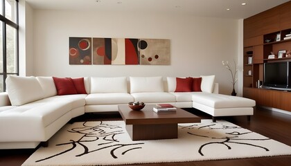 A modern living room with a large white sofa, a patterned rug, and abstract artwork on the walls. 