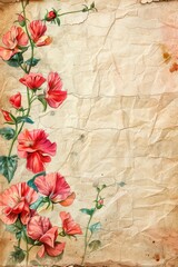 watercolor vintage scrapbook junk journal page, copy space in center, watercolor clipart of Sweet Peas flowers at corner border on parchment paper, vintage art, for Junk Journal, Digital Paper