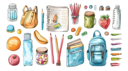 Kids school items, stationery collection, back to school essentials, educational tools and supplies, classroom materials for students, png file, isolated on white