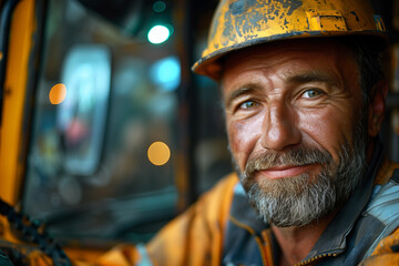 The man with the karcher, smiling worker, the male loader, Russian, summer, interplay of lights and shadows, background is factory premises