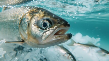 Aquatic scene of fish thriving in icy waters, highlighting their natural coping strategies, with a focus on the freezing environment and water textures