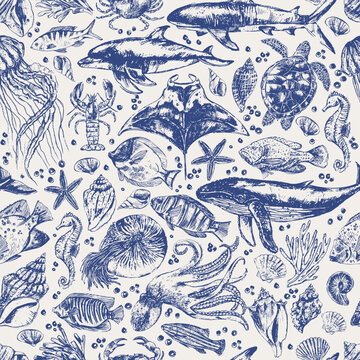 Vector sea animals seamless pattern. Sea life background in blue color with whale, dolphin, octopus